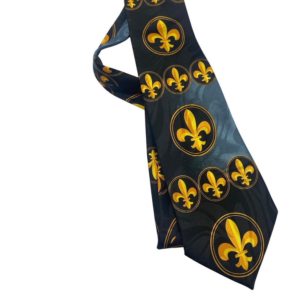 Steven Harris Mens Fleur-de-lis Necktie Black‎ Gold Blue Polyester Hand Made Tie